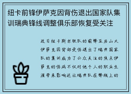 纽卡前锋伊萨克因背伤退出国家队集训瑞典锋线调整俱乐部恢复受关注